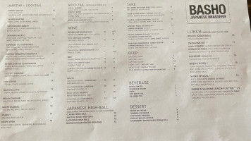 Basho Japanese Brasserie menu