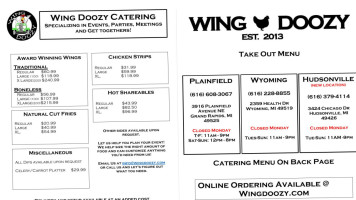 Wing Doozy menu