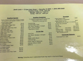 Jane's Lunch menu