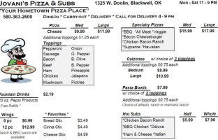 Jovani's Pizza Subs menu