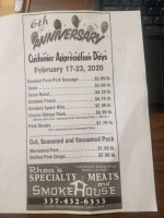 Rhea's Specialty Meat Smokehouse menu