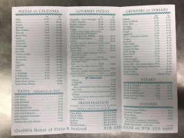Quabbin Pizza Seafood menu