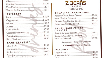 Z Beans Coffee Mercer Village menu
