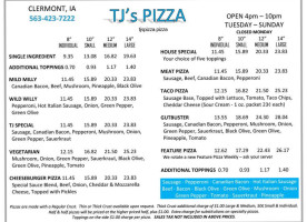 T J's Pizza menu