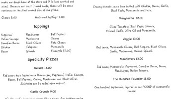 Pit Stop Pizza menu