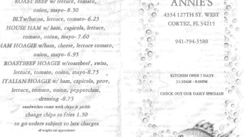 Annie's Bait Tackle menu