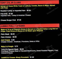 Tony G's South Philly Style Pub And Eatery menu