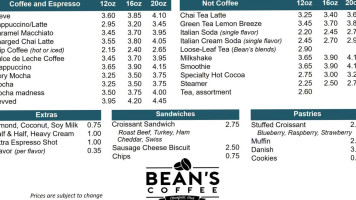 Bean's Coffee Clearfield menu