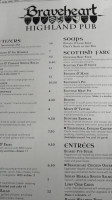 Braveheart Highland Pub menu