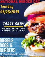 Diesel’s Dogs Burgers menu