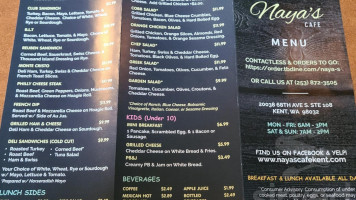 Naya's Cafe menu