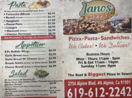 Janos Pizza menu