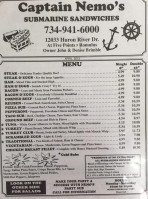 Captain Nemo's Sandwiches menu