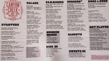 Canyon Creek Cafe bar and Grill menu