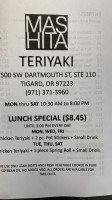 Mashita Teriyaki menu