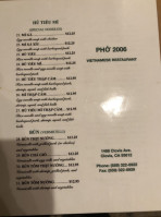 Phở 2006 menu
