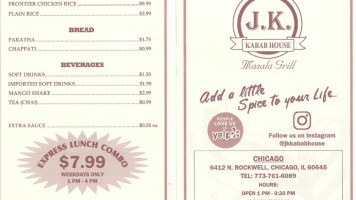 Jk Kabab House menu