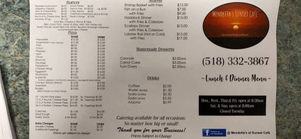 Mendettas Sunset Cafe menu