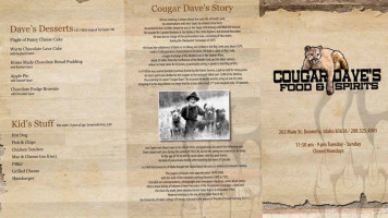 Cougar Dave's Food Spirits menu