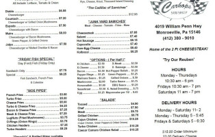 Carhop's Subshop menu