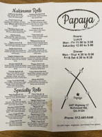 Papaya Thai Cuisine And Sushi menu