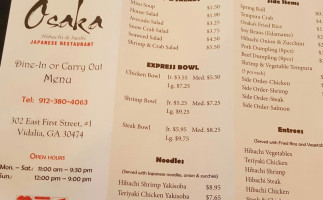 Osaka Hibachi Sushi menu
