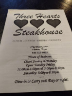 Three Hearts Steakhouse menu