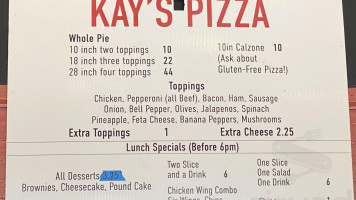 Kay's Pizza menu