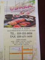 Osaka Hibachi Sushi menu