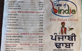 Taste of India menu