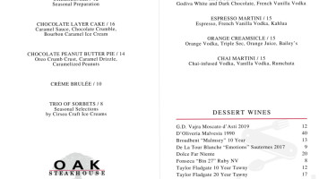 Oak Steakhouse menu