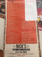 Nick's Pizza Ice Cream menu