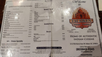 Taj Aiken Indian Cuisine menu