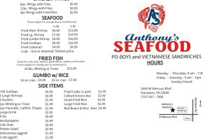 Anthony's Seafood menu