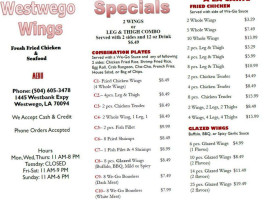 Westwego Wings menu