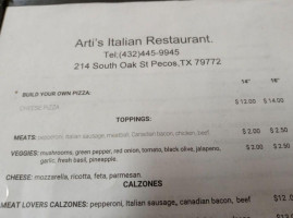 Arti’s Italian menu