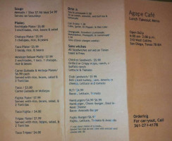 Agape Cafe menu