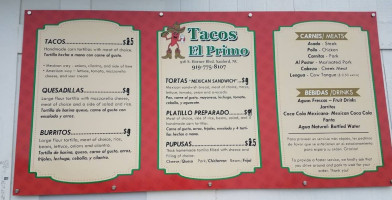 Tacos El Primo, Inc menu
