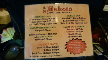 Makoto Japanese Buffet menu