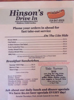 Hinson's Drive-in menu