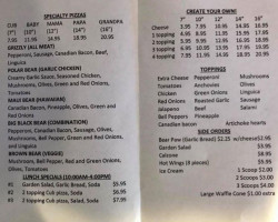 Bear Mountain Pizza menu