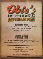 Obie's Bar Restaurant menu