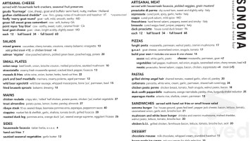 Sonoma Restaurant And Wine Bar menu