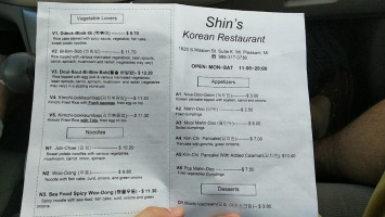 Shin's Korean menu