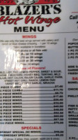 Blazer's Hot Wings menu