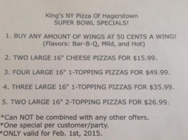 Kings New York Pizza menu