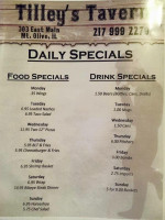 Tilleys Tavern menu