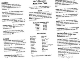 Mel's Place Wood Fired Pizza menu