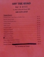 Off The Road And Grill menu