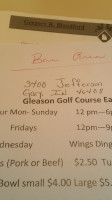 Gleason Golf Course Eatery menu